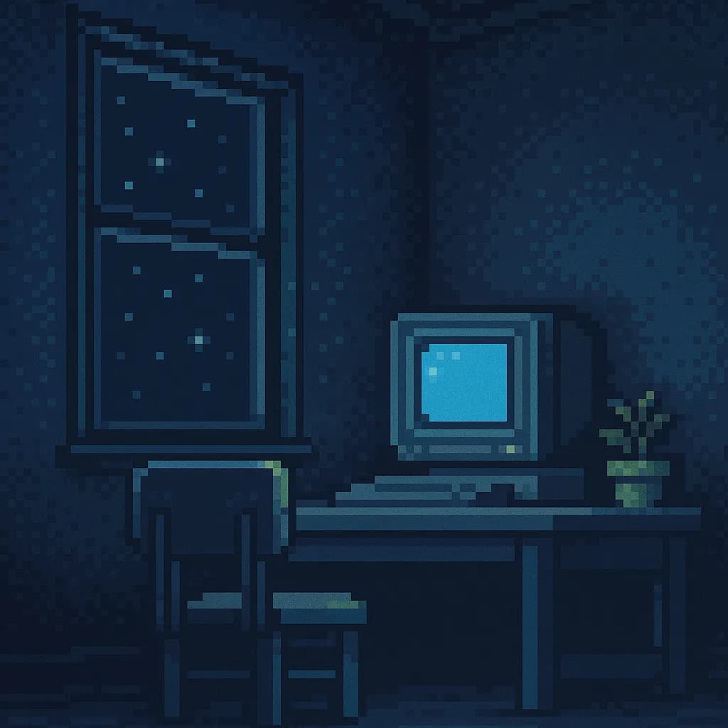 Ilustração em pixel art de um computador em uma mesa, à noite