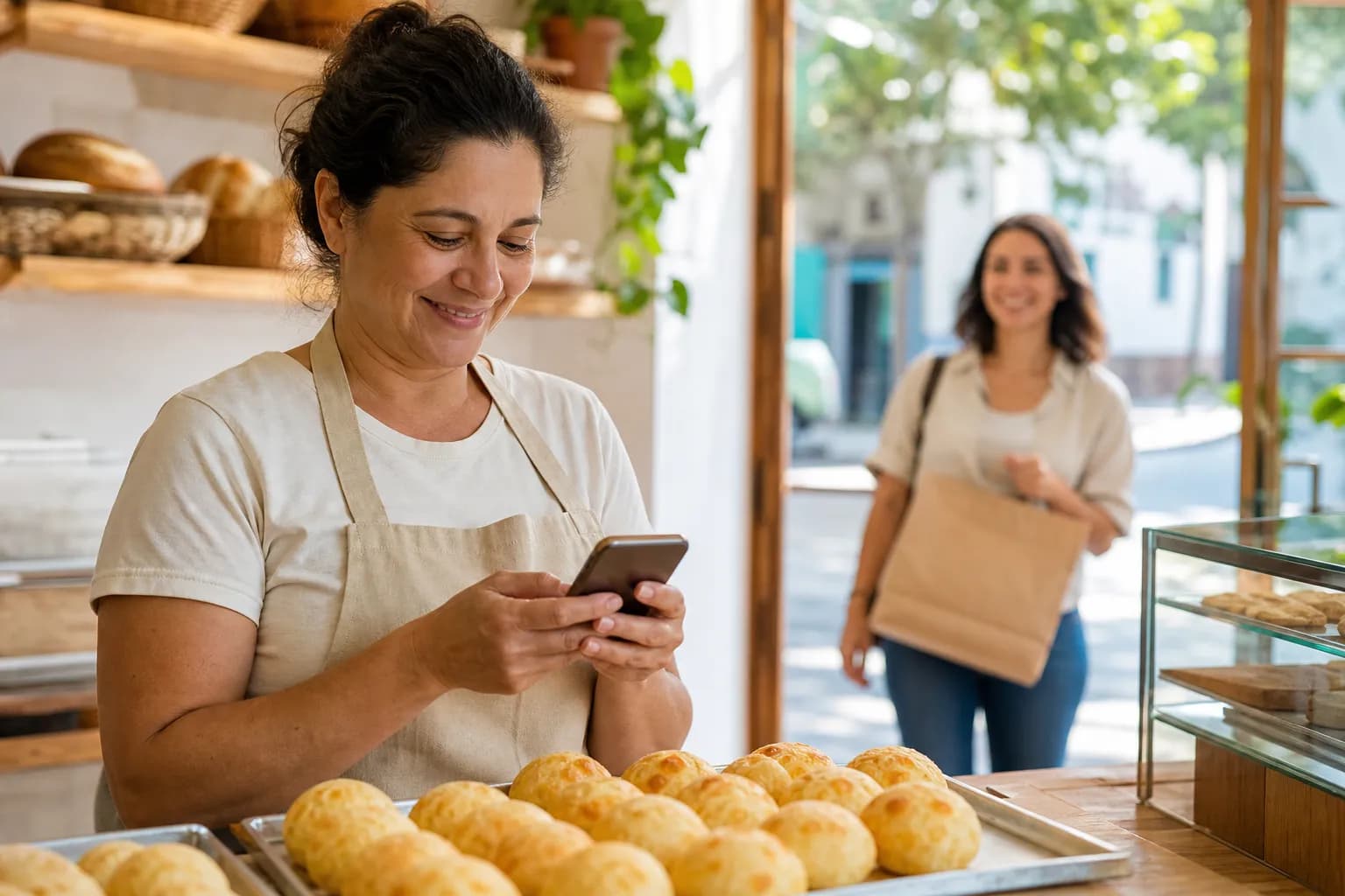 Dona de padaria digita no celular atrás do balcão enquanto cliente sai sorrindo com sacola de pão